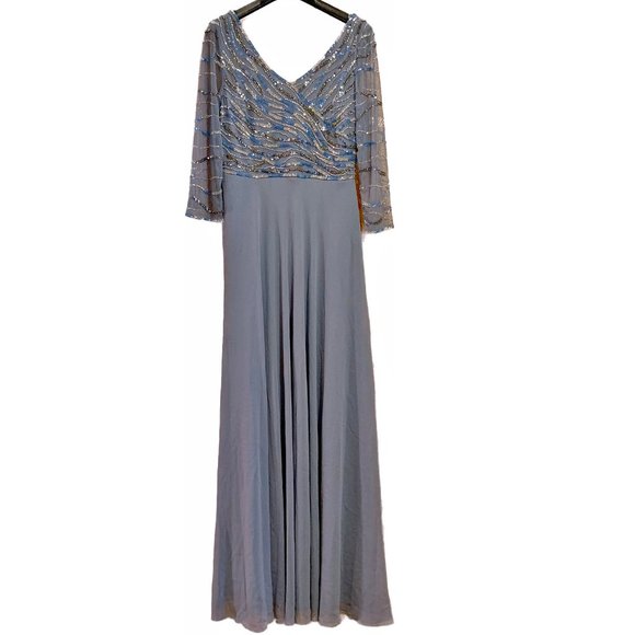j kara 3 4 sleeve sequin dress J Kara Women's Long 3/4 Sleeve V-Neck Beaded Faux Wrap Dress 16 Blush/Silver